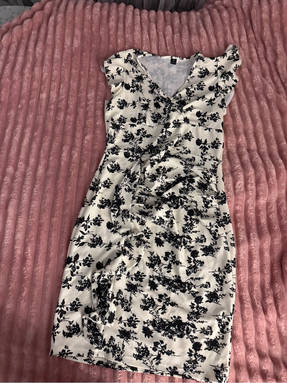 SHEIN White Midi Dress with Black Floral Print and Ruffle Trim